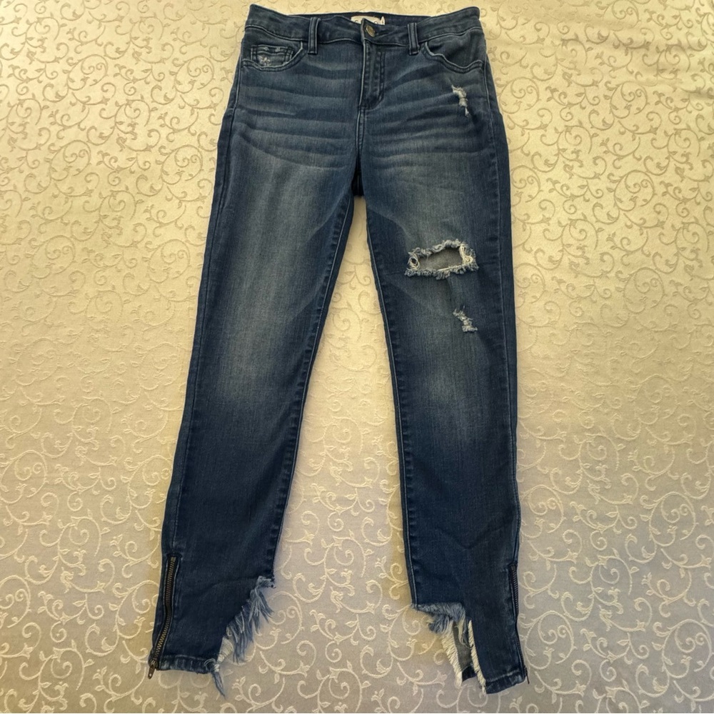 Cello Distressed High Rise Skinny Jeans With Ankle Zippers